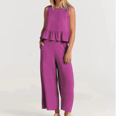 round neck vest and wide leg pant 2pc set