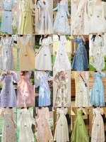 ladies summer floral dress French gentle-style square-necked with puff short sleeves
